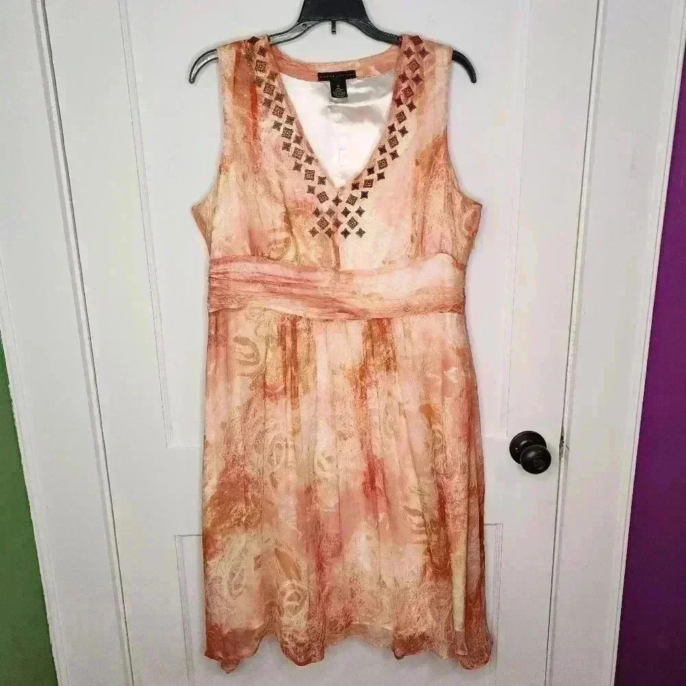 Size 14 Grace Dane Lewis 100% Silk Orange Sleeveless Dress Metal Details